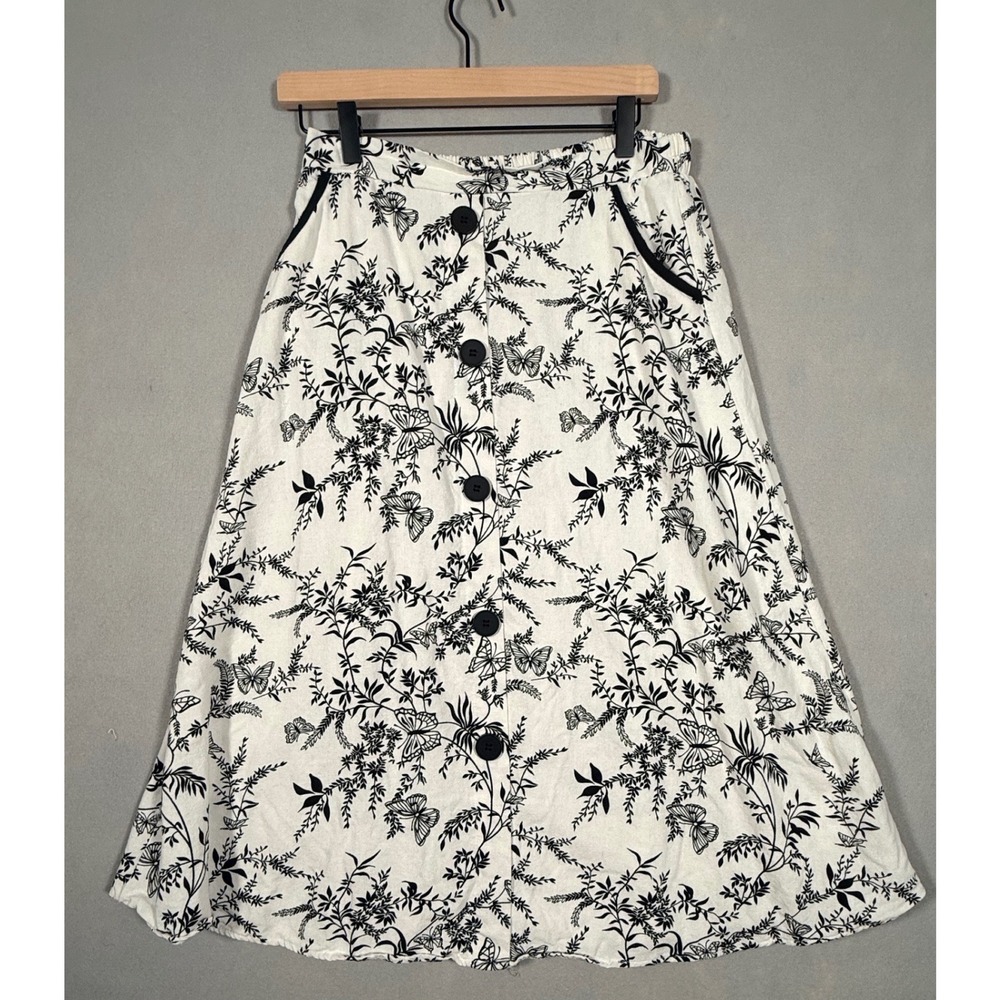 Main Attraction White Black Butterfly Botanical Linen Blend Midi Skirt Large